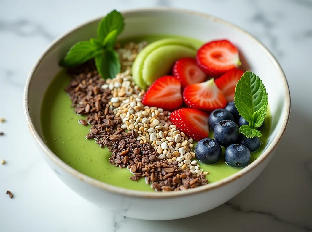 Fresh green smoothie bowl with fruits and seeds