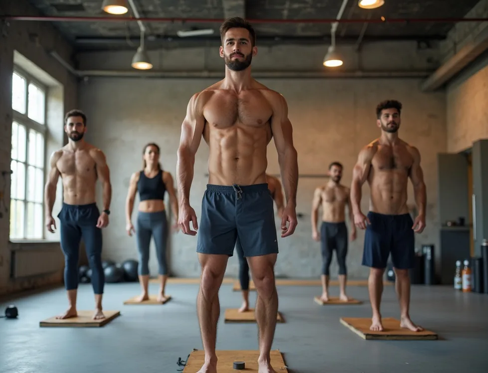 Group fitness class doing exercises in spacious gym