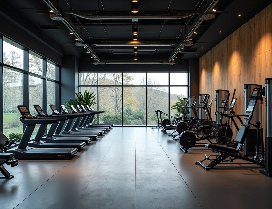 Modern gym interior with equipment wide shot